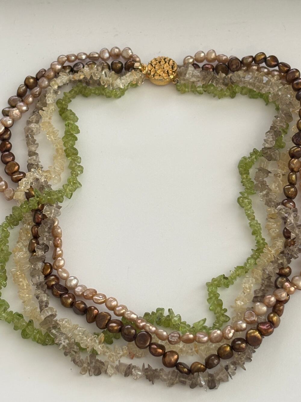 Vintage Multistrand Torsade Necklace Freswater Pearls Citrine Peridot Beads